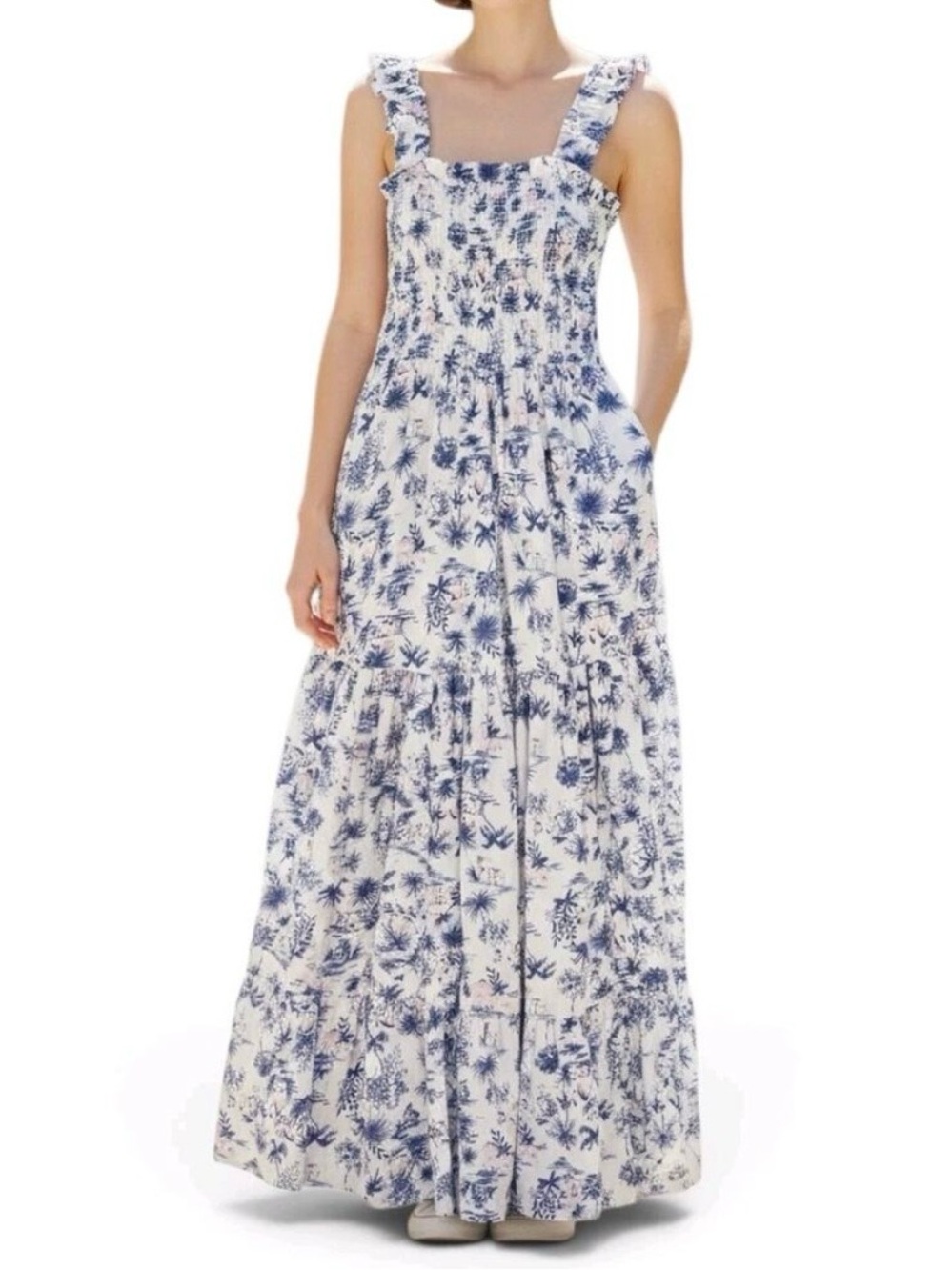 Abercrombie & Fitch Smocked Tiered Maxi Dress | Blue & White Palm Print | XS